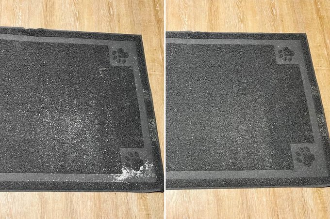 antes y después de limpiar la alfombra de arena para gatos