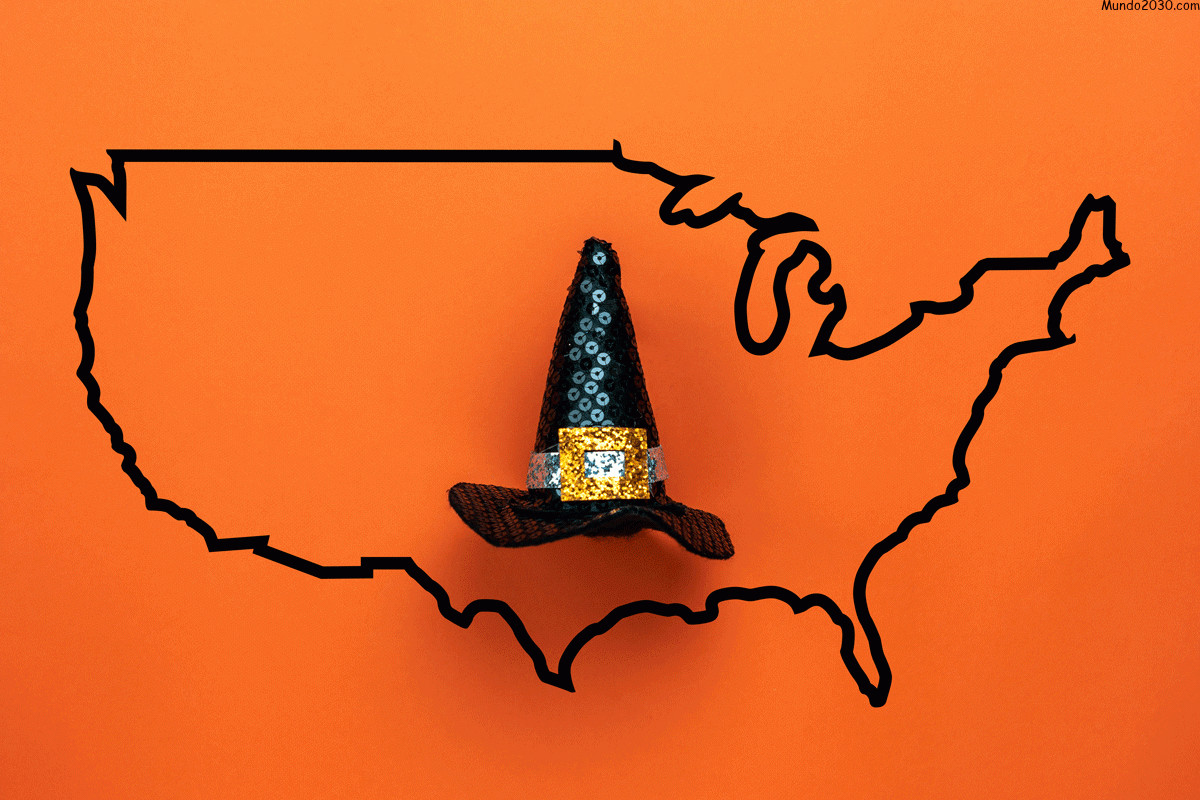 contorno del mapa de estados unidos sobre fondo naranja;  dentro del mapa hay un sombrero de bruja de halloween y tres signos de interrogación