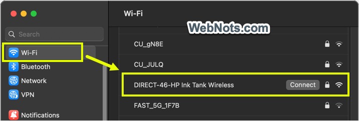 Seleccione Nombre de la impresora en la lista de redes Wi-Fi