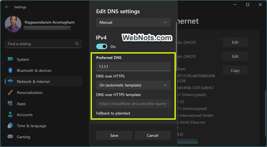 Ingrese el DNS IPv4 primario de Cloudflare en Windows 11