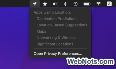 Encuentre aplicaciones usando los servicios de ubicación desde la flecha en la barra de menú