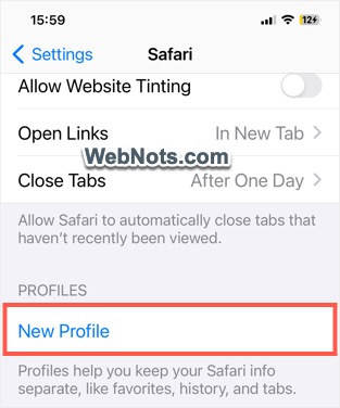 Nuevo perfil en la configuración de Safari
