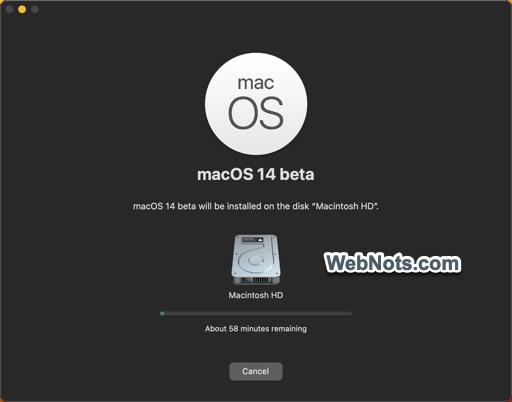 Instalación de macOS 14 Beta en progreso