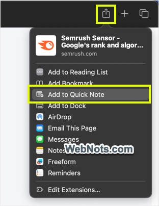 Agregar a Quick Note en el menú para compartir de Safari