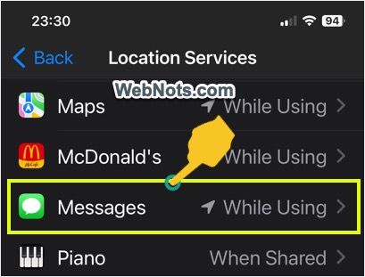 Open Message App Location Services